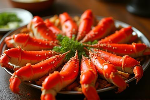 Boiled crab legs on a platter